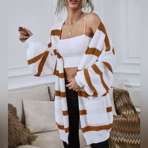 Lantern Sleeve Patch Pocket Striped Cardigan